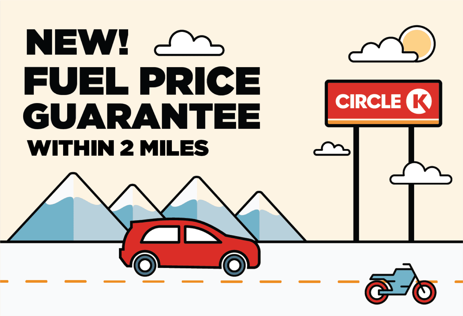 Denver creative: a car passing snow-capped mountains, "Fuel Price Guarantee within 2 miles"