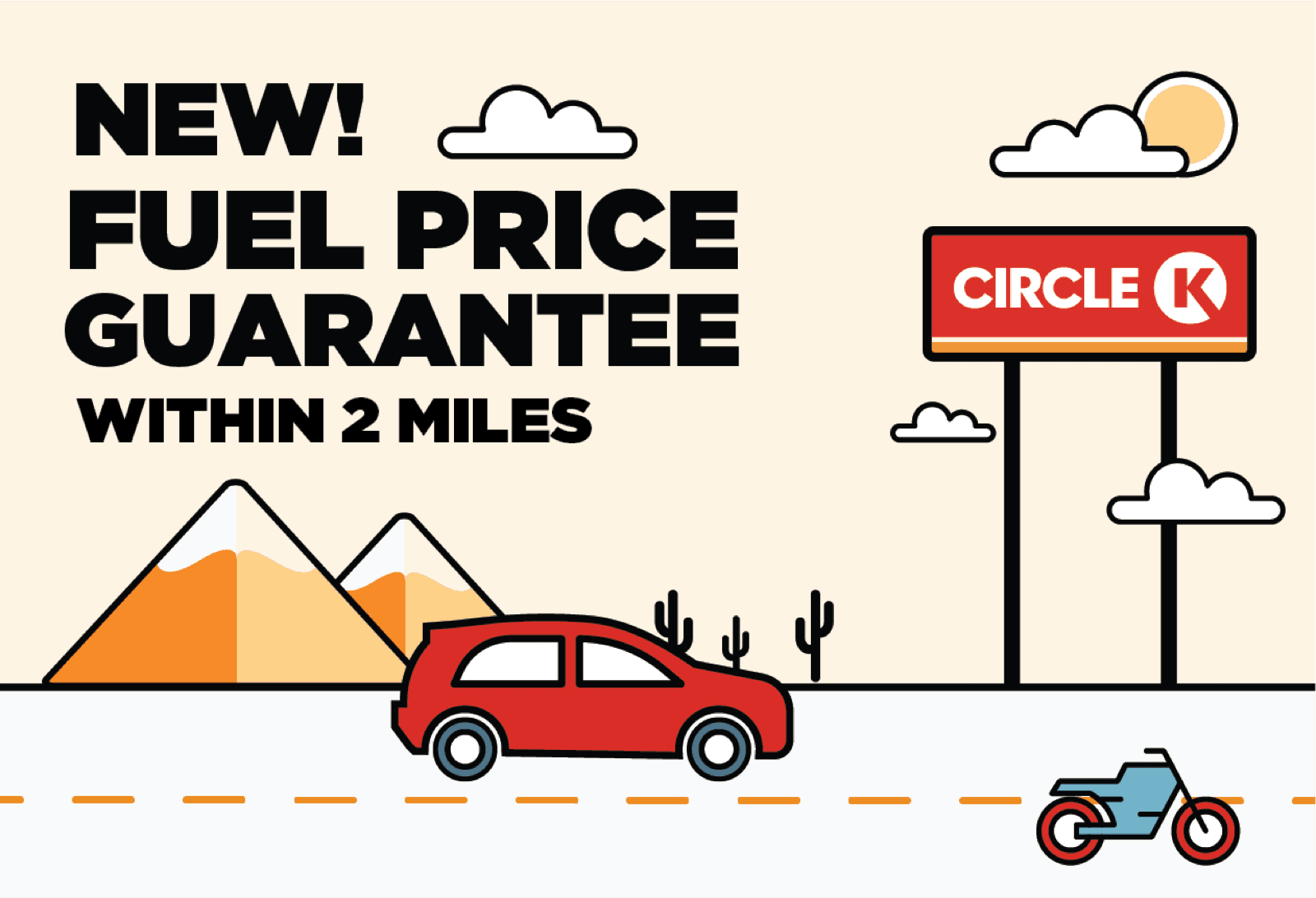 El Paso creative: a car passing desert mountains and cactus, "Fuel Price Guarantee within 2 miles"