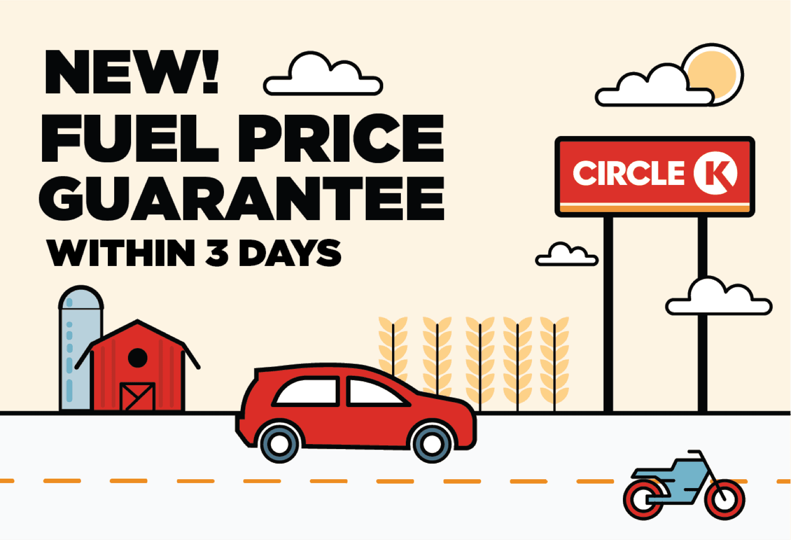 Ohio creative: a car passing a red barn and cornfields, "Fuel Price Guarantee within 3 days"